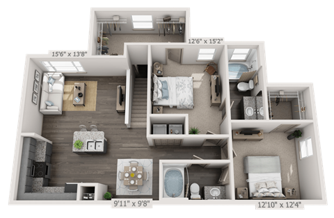 Floor plan for 2 beds, 2 baths, 1158 sqft